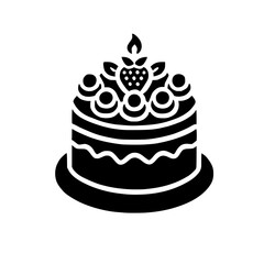 A delightful black and white illustration of a birthday cake, adorned with a strawberry and candle. Perfect for bakeries, cards, and celebrations.