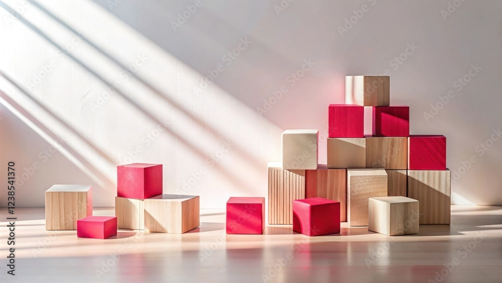 Aufkleber wooden blocks in red and natural tones arranged on a light wood surface with sunlight streaming thro