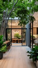 Lush greenery frames an inviting dining area and modern kitchen in a serene indoor-outdoor oasis at twilight. Generative AI