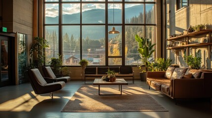 A spacious sunlit dining area with simple wood furniture, potted plants, and large windows