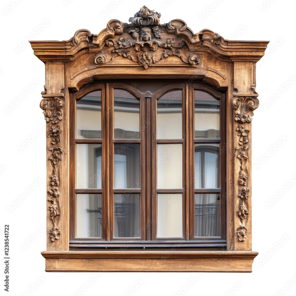 Poster An image of an intricately carved wooden window frame showcasing exquisite detail and craftsmanship.