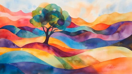 Vibrant Watercolor Landscape Featuring a Solitary Tree