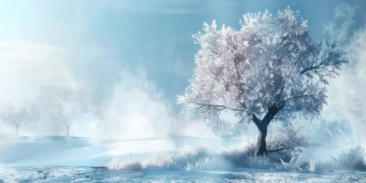 winter background with a fantasy tree in the snow and frost covered branches copy space landscape