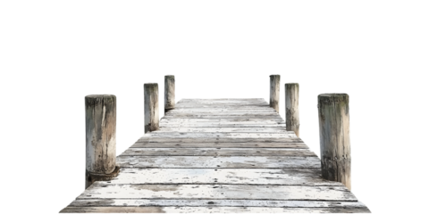 Rustic wooden pier extending over calm waters with serene nature backdrop