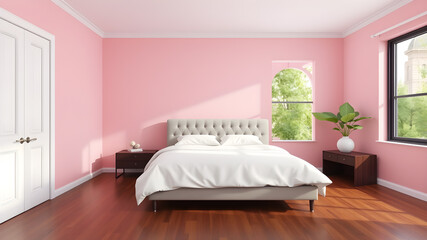 Interior of minimalistic bedroom with pink walls, wooden floor, master bed with original headboard and large window. 3d rendering. Generative AI