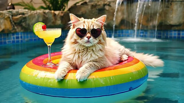 Cheerful cat with glasses with cocktail and inflatable circle in pool	