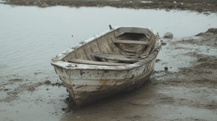 Obraz premium Abandoned boat on muddy shore, cloudy day