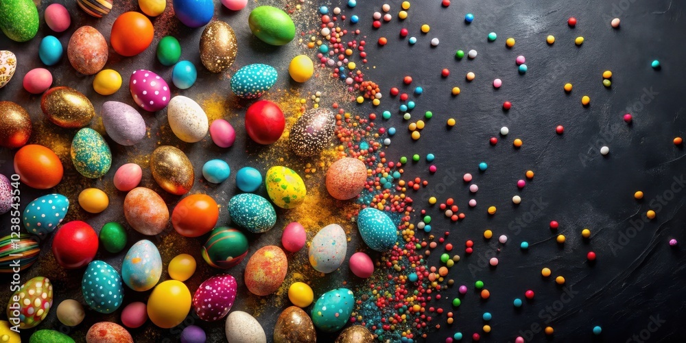 Poster a vibrant collection of colorful decorated eggs and assorted candies arranged on a dark surface.