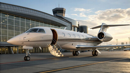 Obraz premium An image showcasing a private jet at an airport terminal, highlighting the luxury and convenience of private aviation