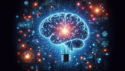 Glowing digital brain, innovation and technology, abstract concept of human intelligence and artificial intelligence