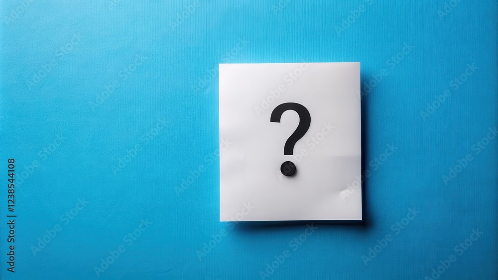 Poster a simple white paper note with a bold question mark against a vibrant blue background, symbolizing i
