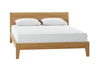 Wooden bed frame with a white mattress and pillows isolated on white background