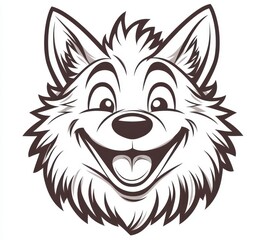 Fototapeta premium Joyful cartoon fox head, monochrome illustration with a wide grin, expressive eyes, and textured fur. The playful design features a simple, clean