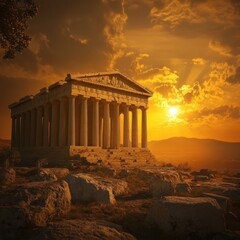 Fototapeta premium Ancient Greek Temple Sunset Golden Hour