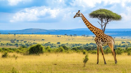 Obraz premium A giraffe elegantly navigating the savannah, showcasing its majestic neck amidst lush scenery