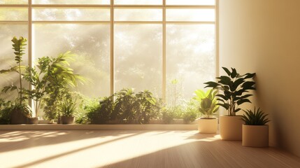A sunlit minimalist room with light wood flooring, potted plants, and large windows