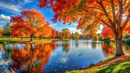 Fototapeta premium A serene lake in a sunny park surrounded by vibrant autumn colors with maple trees displaying brilliant oranges and reds, autumn leaves, tree against sky