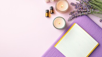 Spring wellness routine - A yoga mat, a mindfulness journal, essential oils, and a scented candle, isolated on a soft lavender background with copy space