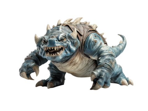 Fantasy creature with blue skin and sharp claws in a dynamic pose