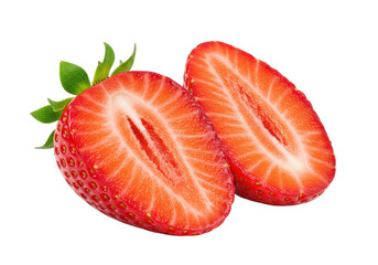 Whole strawberry and a halved strawberry showing interior details isolated on white background
