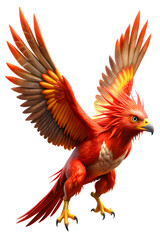 Fototapeta premium A colossal Thunderbird, with wings spanning over 30 feet, and vibrant red, orange, and yellow feathers. Isolated on a white background. For Gaming and Fantasy projects. 