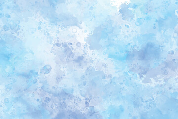 Blue watercolor background. Light blue and purple shades, small and large splashes. Hand drawn watercolor sky. Heaven. Summer watercolor banner. Template for design. Vector