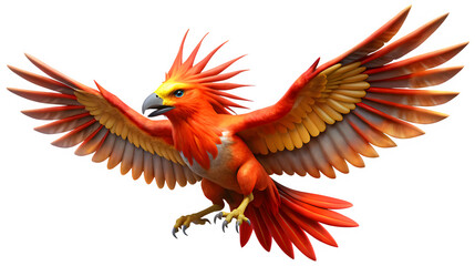 Fototapeta premium A colossal Thunderbird, with wings spanning over 30 feet, and vibrant red, orange, and yellow feathers. Isolated on a white background. For Gaming and Fantasy projects. 