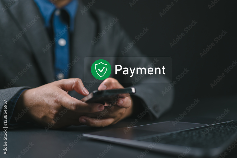 Aufkleber mobile payment security protection. businessman using a smartphone for secure online payment, featur