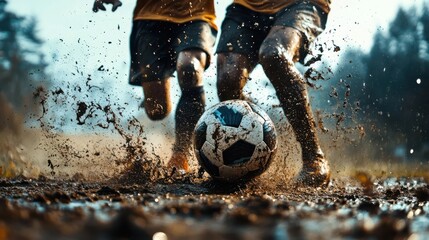 Two boys playing football and aggressively chase a muddy ball, splashing dirt and water in an intense match.
