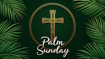Elegant Palm Sunday design with a Christian cross and tropical leaves.
