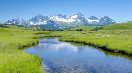 Serene mountain valley stream, summer landscape, travel postcard