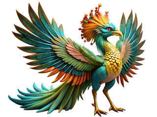 Fototapeta premium A vibrant and majestic Simurgh, a Persian mythical bird with the body of a peacock and the head of a lion. Isolated on a white background. For Gaming and Fantasy projects. 