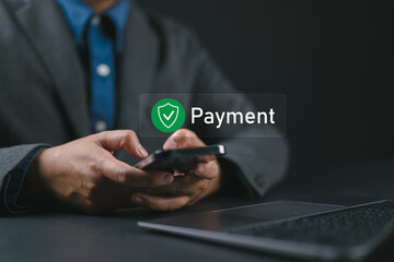 Mobile Payment Security Protection. Businessman using a smartphone for secure online payment, featuring a payment confirmation icon. Safe online transactions and digital financial protection.