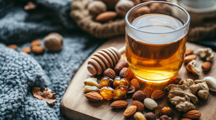 glass of honey sits on wooden board surrounded by mixed nuts, creating cozy and inviting atmosphere. warm tones and textures evoke sense of comfort and indulgence