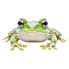 Close-up of a vibrant green frog perched on a smooth surface, showcasing its unique features