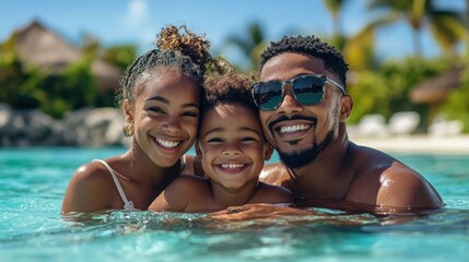 Obraz premium Portrait of lovely African-American family in ocean waters enjoying summer holidays together in a beach day.