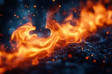 Flames rise on dark surface, blurred lights background; for presentations, website banners