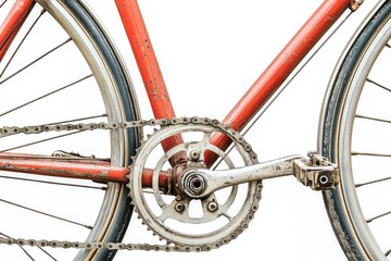 Close up of bicycle chain and derailleur, showcasing intricate mechanics and vintage design. worn red frame adds character to this classic bike