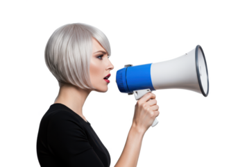 Woman with short blond hair holding a blue and white megaphone, isolated on white background