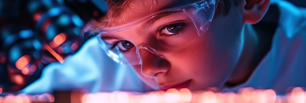 Child Wearing Safety Glasses Concentrating on Technology