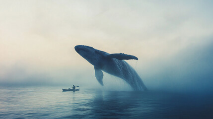 A surreal scene of a giant whale emerging from the water while a kayaker looks on in awe, showcasing the majesty of nature and the wonder of marine life.