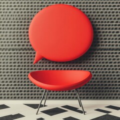 Bold red 3D speech bubble popping against a textured background for branding