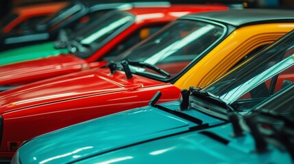 Detached windshield wipers from diverse cars, organized in rows, minimalist backdrop, clean lines, ample negative space, emphasizing design simplicity and functionality