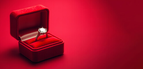 Luxurious velvet red jewelry box containing a stunning diamond ring, perfect for special occasions and valentine day