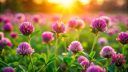 Fototapeta premium Close-up of vibrant clover blossoms in a sun-drenched field, showcasing intricate details and natural textures.