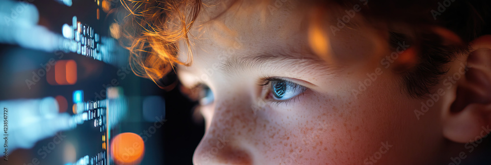 Poster child observing computer screen displaying code