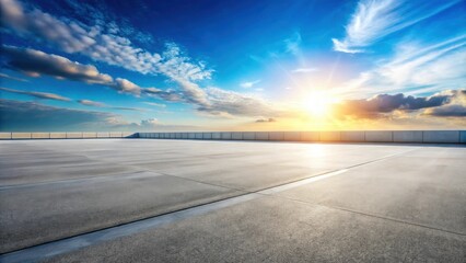 Empty Asphalt Parking Lot with Sunset Sky and Wall