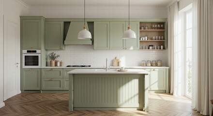 A bright, modern kitchen with sage green cabinets, white subway tiles, wooden shelves, and elegant lighting. Natural light streams in through large windows with soft curtains.