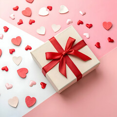 Romantic valentines day gift box with red ribbon and hearts love pink card beige sweet image photo