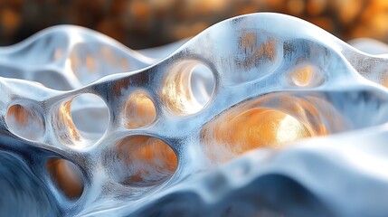 A bright and clear image, 8k high definition, of a 3D animated abstract sculpture with flowing shapes and metallic textures, rotating gracefully 